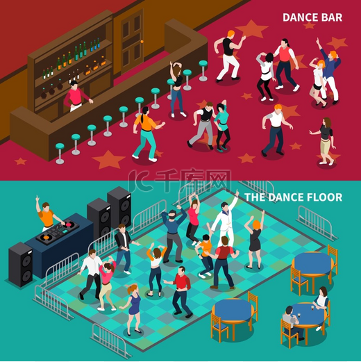 酒吧舞池2等轴测横幅酒吧酒吧和咖啡馆舞池2个水平等距横幅配有酒保隔离矢量图图片