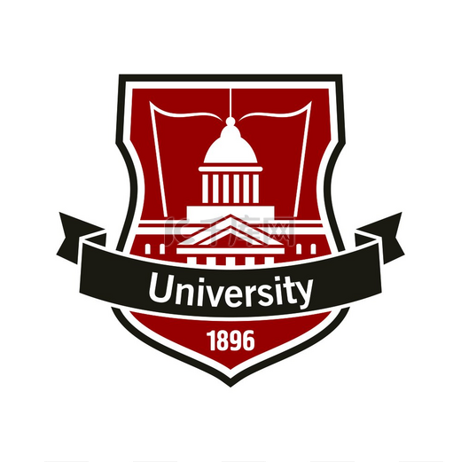 大学的纹章徽章与教育机构建筑的白色轮廓与打开的书，放置在带有弯曲丝带横幅和基金会日期的盾牌上。图片