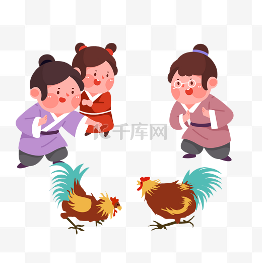 寒食节中国传统斗鸡古人卡通图片