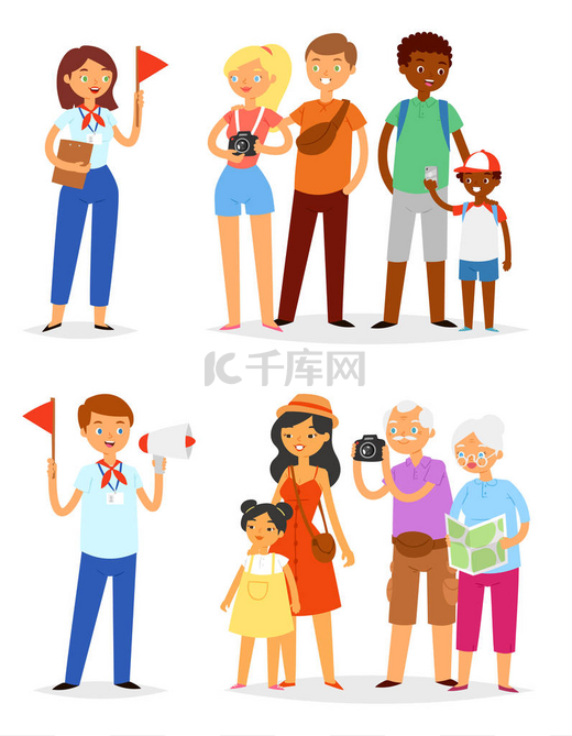 导游向量人和女人的角色指导观光旅游组的游客度假插图集的旅行的人家庭与孩子老人查出的白色背景图片