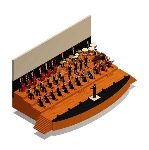 大管弦乐队在舞台上演奏古典音乐与指挥 3d 等距组合矢量图。图片