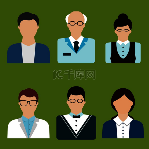教师职业化身平面图标与戴眼镜的男人、老人和女人。图片