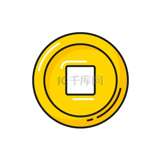 带有方形大厅隔离图标的中国古代硬币矢量东方硬币中间有光圈幸运圆圆形幸运币繁荣和财富的象征保护护身符中国货币中间有孔的东方硬币隔离图标图片