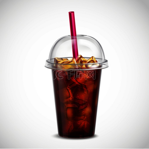 带冰块和吸管的可乐在外卖透明塑料杯中的逼真图像在白色背景矢量图上。图片