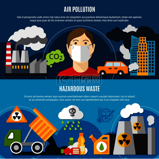 污染问题横向横幅上设置了空气污染和废物符号平面隔离矢量图设置污染问题横幅图片