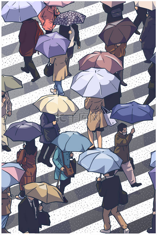 热闹的街道交叉与人们在雪地里拿着雨伞的插图 图片