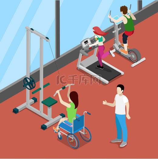 残疾妇女轮椅运动在健身房。残疾等轴测人员。矢量插图图片