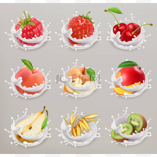 水果、 浆果和酸奶。草莓、 覆盆子、 樱桃、 梨、 桃、 苹果、 芒果、 猕猴桃、 粮食。3d 矢量图标集 1图片