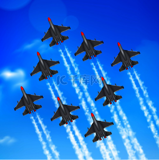 陆军空军阅兵喷气式飞机编队凝结轨迹反对蓝天逼真的海报矢量图。图片