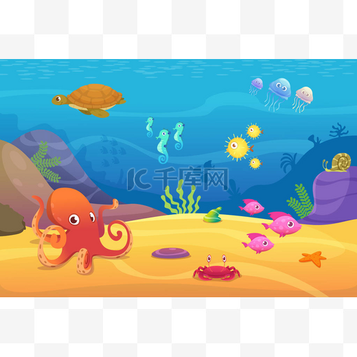水下生活。水族馆动画片鱼海洋和海洋动物向量背景图片