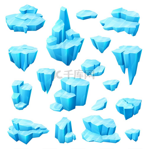 冰晶、冰川和冰山卡通冬季矢量设计集。图片