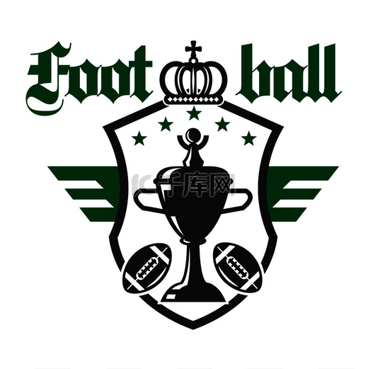 美式足球运动锦标赛徽章的冠军奖杯杯与球和星星在带翅膀的纹章盾上，顶部有皇冠。图片