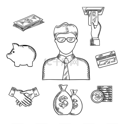银行家职业素描与经理或文员在眼镜和金融图标，如钱袋，信用卡，握手，存钱罐，美元硬币和钞票，ATM 用手。图片