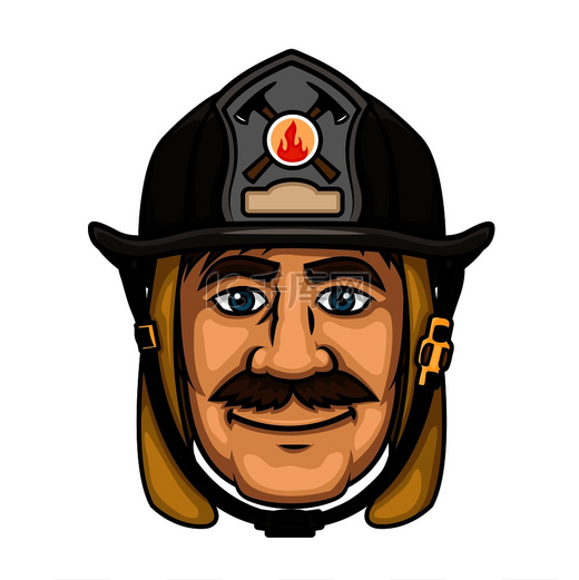 卡通风格的勇敢消防员，面带微笑的大胡子消防员戴着防护罩，戴着黑色头盔，戴着消防徽章。图片