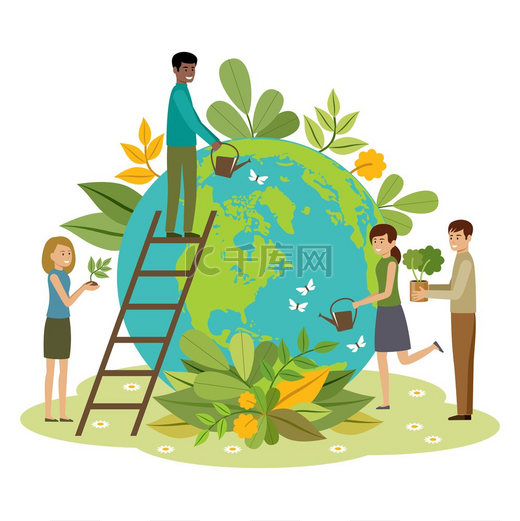 生态学概念人们关心地球保护自然地球日地球上有植物和志愿者矢量插图图片