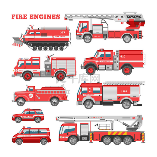 消防车矢量消防应急车或红色救火车与流水和梯子例证集合消防员车或消防车运输在白色背景隔绝了图片
