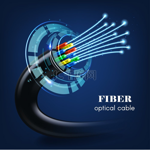 带有发光光纤的电缆或电线 3d 未来技术矢量、高速互联网连接、网络通信、电信。图片