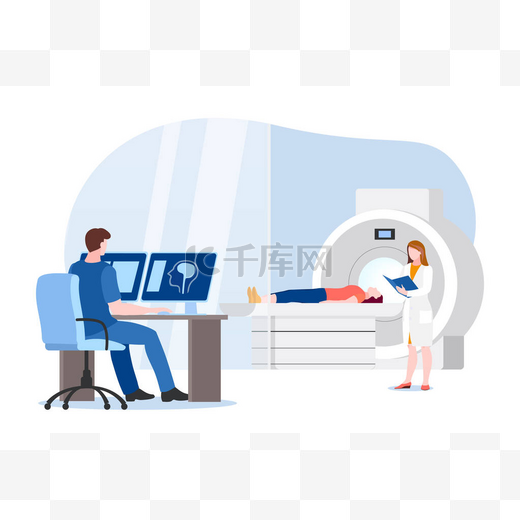 医生和护士准备对病人进行磁共振成像扫描.医院实验室设备的矢量平面卡通图.MRI医学现代诊断概念.图片