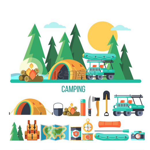 露营矢量插图在大自然的帐篷里度过暑假露营用的一大套装备图片