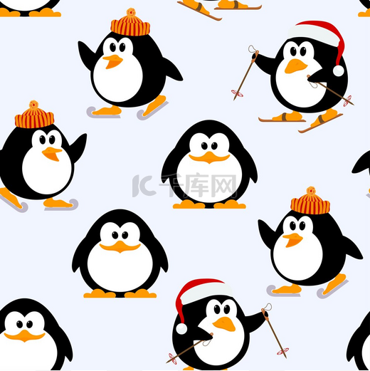 矢量无缝图案小企鹅在玩耍企鹅滑冰滑雪冬季运动会企鹅冬季儿童插画图片
