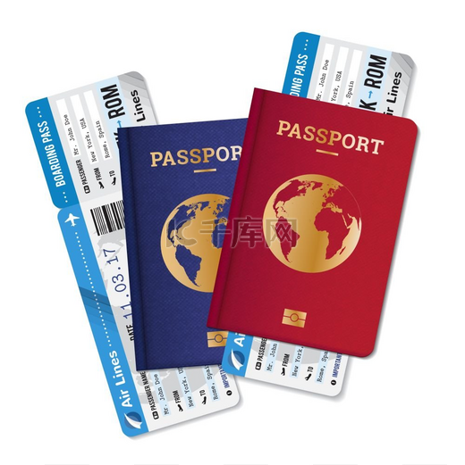 护照票航空旅行真实构图两本带登机牌的护照票逼真套装国际航空旅行社广告海报图像矢量插图图片