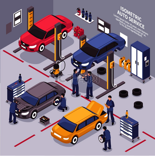 工人在汽车服务中心 3d 等距矢量图中修理汽车和更换轮胎。图片