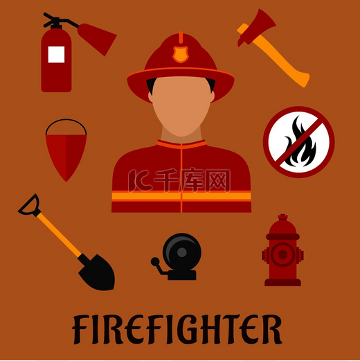 消防员职业平面图标与身穿红色防护头盔和西装的男子，两侧是消防斧、锥形桶和铲子、灭火器、火警、消防栓和禁令标志。图片