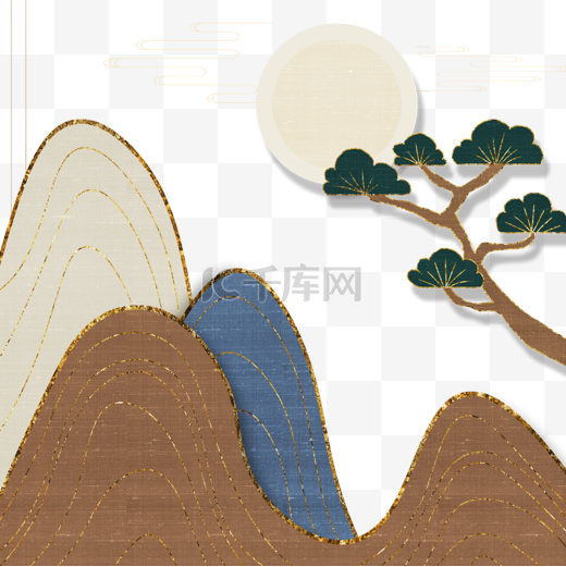山石树木传统金色花纹背景图片