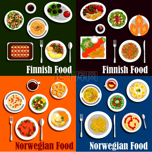 芬兰和挪威美食的海鲜菜肴，三文鱼和鲱鱼的图标，配以煮土豆、蔬菜沙拉、炖菜和汤、血肠、肉丸和米粥、果酱、煎饼和甜甜圈、鱼黑麦和米馅饼。图片