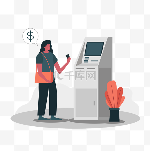 女人银行卡atm机器银取钱概念插画图片