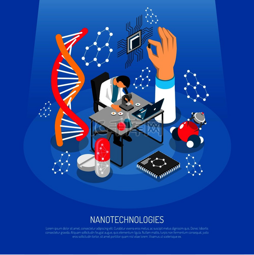 蓝色背景下的纳米技术等距组合与科学实验室、微芯片、机器人、医学创新矢量图解。图片