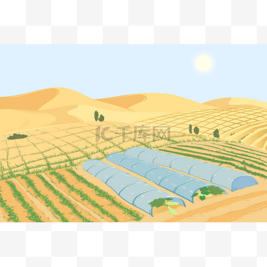 沙漠中的蔬菜种植园。防治荒漠化和干旱，创造肥沃土壤的概念。在沙地里放着杜鹃的床。矢量说明.图片