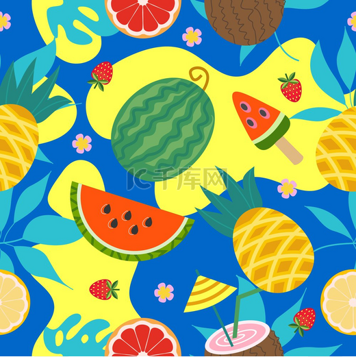 夏季明亮的矢量无缝图案与多汁的水果和热带树叶和椰子鸡尾酒。图片