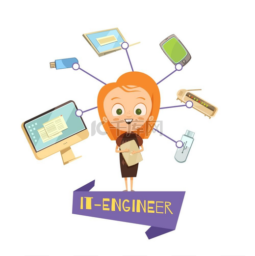 IT 工程师的卡通女性雕像。 图片