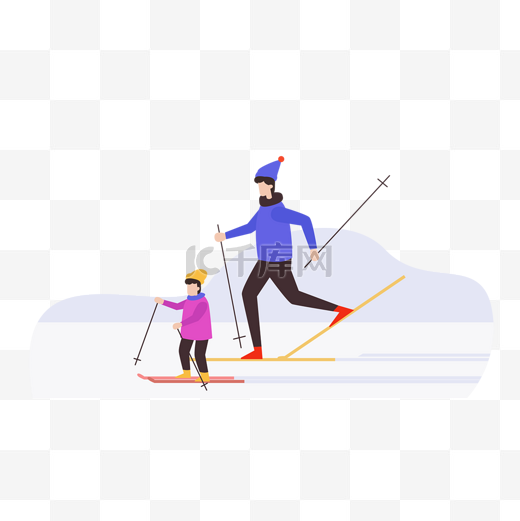 父亲儿子雪地滑雪扁平风格插画图片