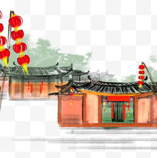 新年庙会建筑水墨街道古代中国风图片