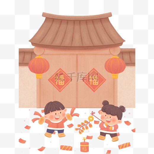 喜庆热闹春节过新年小孩家门放鞭炮庆祝节日图片