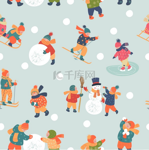 无缝图案冬季背景儿童角色平面矢量图冬季户外活动孩子们玩雪橇滑冰和滑雪孩子们堆雪人和玩雪球孩子们玩得很开心无缝图案冬季图片