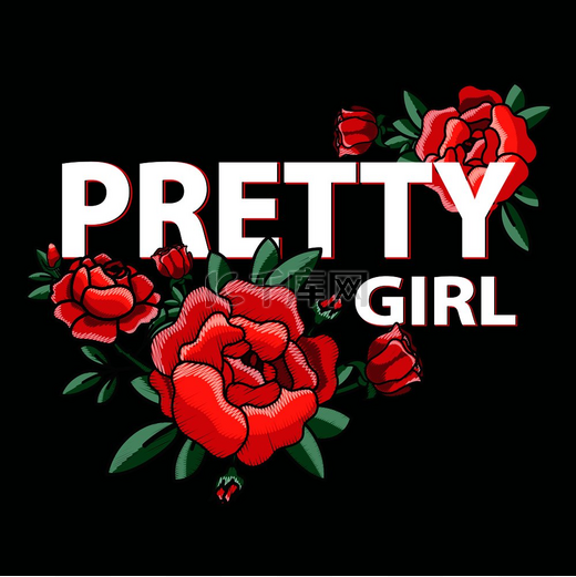 漂亮的女孩海报与孤立在黑色背景上的红玫瑰矢量图。图片