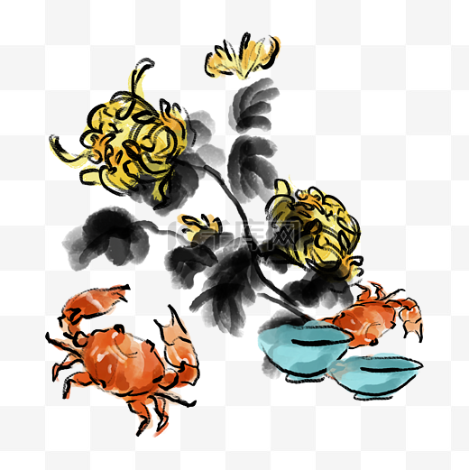 水墨螃蟹菊花图片