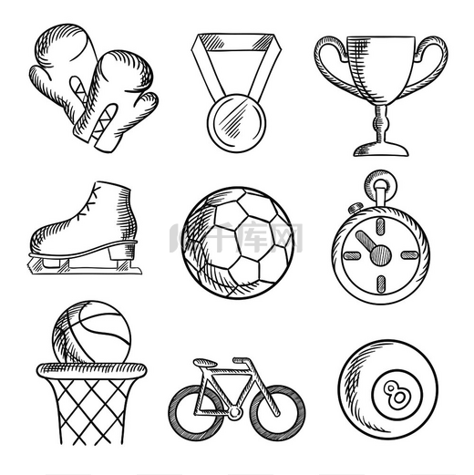 用篮球、足球、橄榄球、滑冰、拳击手套、骑自行车和带优胜者奖牌、奖杯和秒表的碗来绘制运动游戏图标。图片
