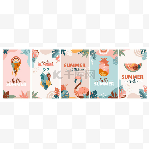 波希米亚夏季，一套现代夏季销售故事模板设计与彩虹，火烈鸟，菠萝，冰淇淋和西瓜 图片