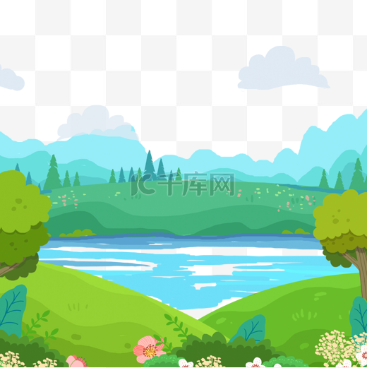 湖边的草地和花朵春季花卉风景图片