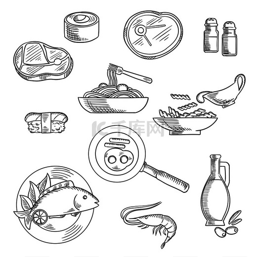 寿司卷和握寿司、意大利面和酱汁意大利面、生牛排、烤鱼、虾、香肠煎蛋、橄榄油瓶、盐和胡椒的健康食品素描图标。图片