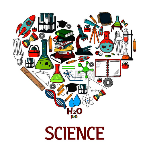 带有科学矢量图标的心形徽章科学的概念装饰设计元素与化学实验测试研究和实验室设备的颜色符号带有科学矢量图标的心形徽章图片