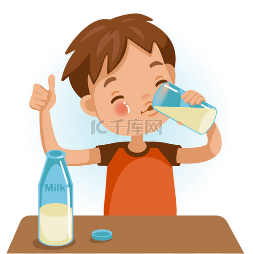 可爱的男孩穿着红色衬衫，手里拿着一杯喝牛奶的孩子。感情用事儿童营养的健康概念和成长。以白底为背景的病媒解说.图片