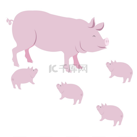 粉红猪与小猪矢量图孤立在白色背景上。图片