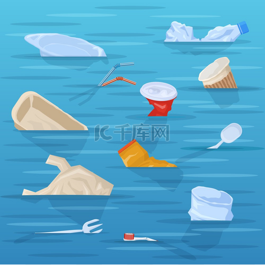 污染的海洋，漂浮在水中的一次性塑料垃圾。图片
