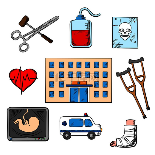 医院和医学图标与医院大楼被救护车、X 光、手术器械、心电图、输血、头骨、拐杖和石膏种姓包围。图片