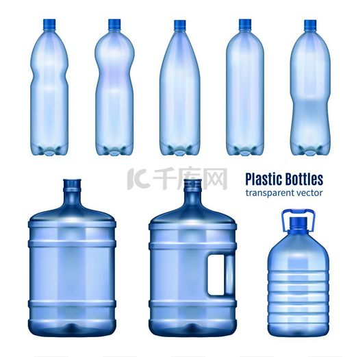 塑料水瓶一套逼真的大容器用于冷却器和小皮重零售独立矢量插图塑料水瓶逼真套装图片
